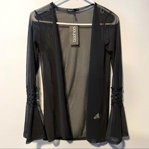 Boohoo Black Mesh Open Top Cardigan Floral Crochet Detail & Bell Sleeves NWT